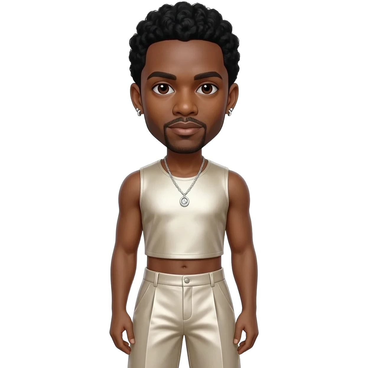 Usher Raymond with dark brown eyes, black hair, ivory metallic sleeveless crop top, ivory metallic wide leg pants, silver necklace and short earrings emoji