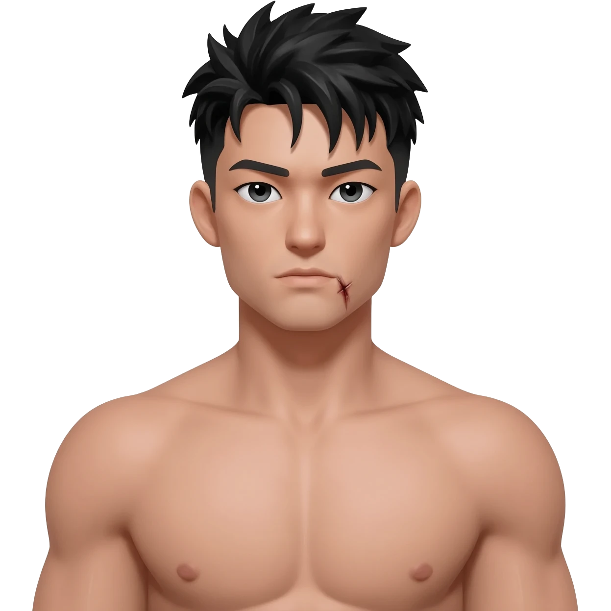 hombre alto y muy musculoso, cabello negro corto y algo despeinado, ojos pequeños y afilados con mirada fría. Cicatriz marcada en la comisura de la boca. Desnudo que resalta su complexión fuerte. emoji