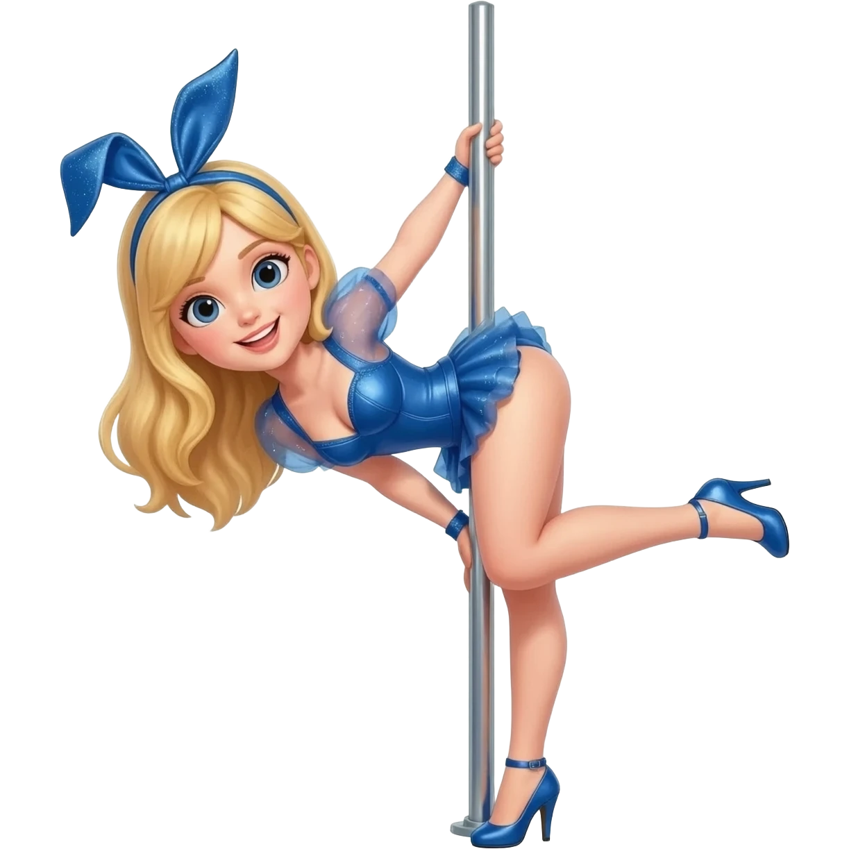 blond girl in blue costume doing trick on pole with heels on emoji