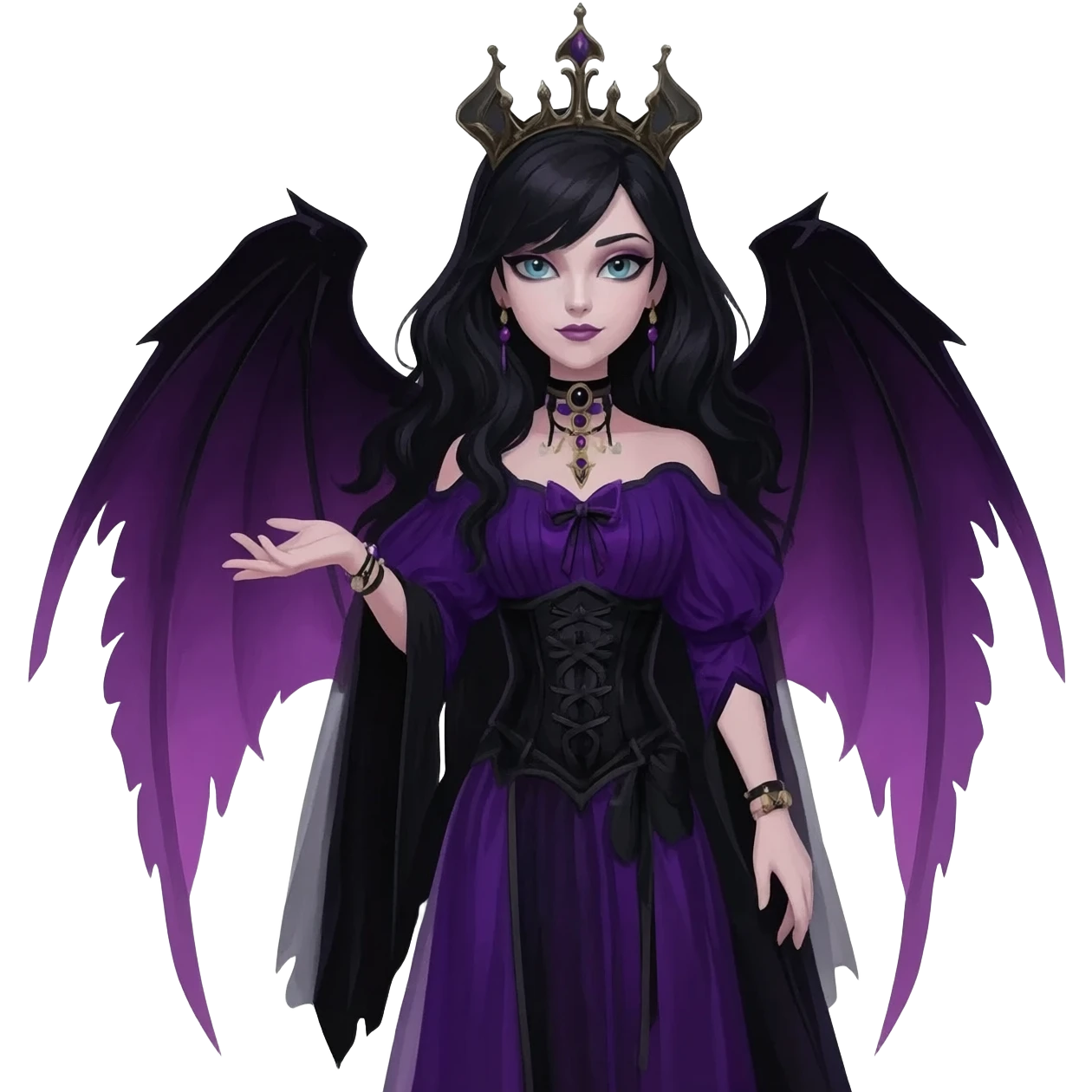 Ever after high raven queen, gothic fashion, purple and black colours, dramatic emoji