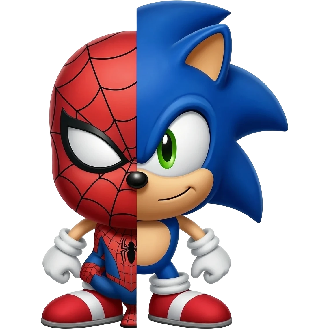 A split-face head, half Sonic the Hedgehog and half spiderman emoji