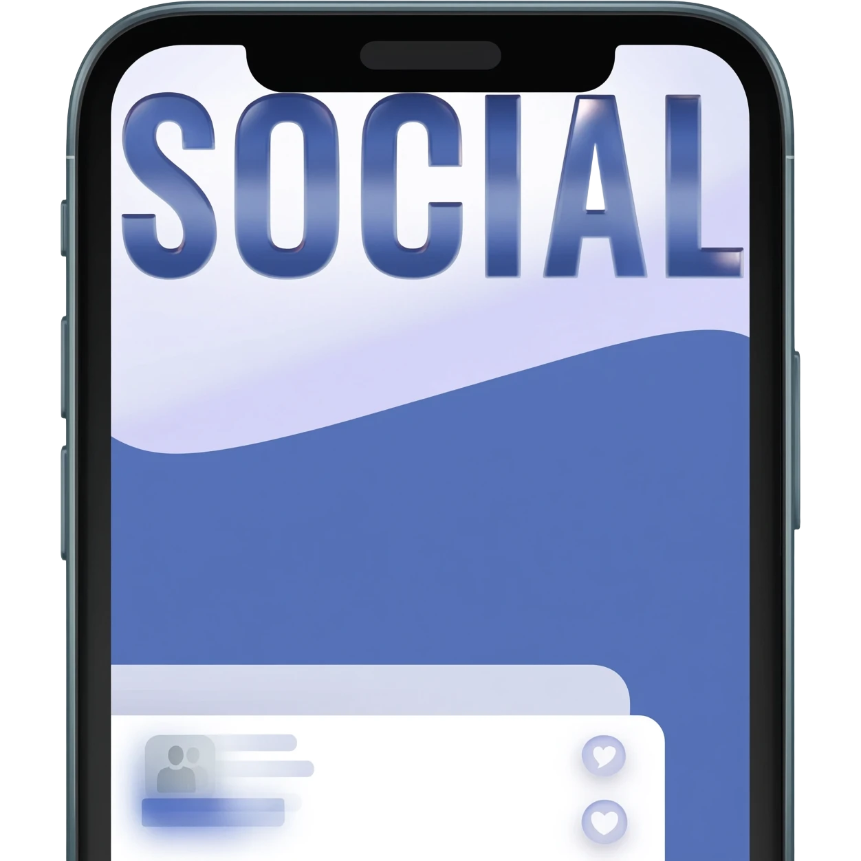 Full smart phone with the word "SOCIAL" on the screen, with a social media app on-screen display in the background emoji