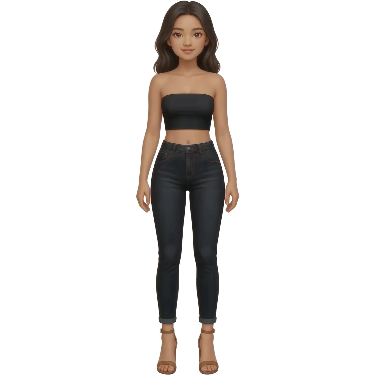 Filipino girl black bra strapless top and high waisted black jeans  with feet stand straight body wear  high heels sandals brown stand straight emoji