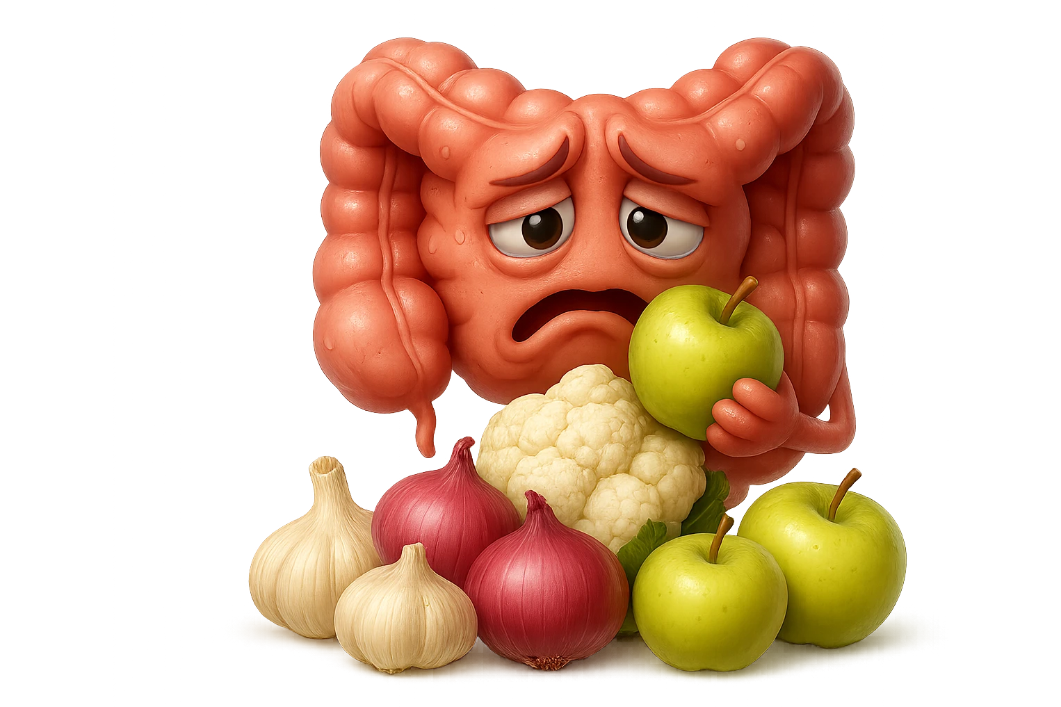 EMOJI STILE IPHONE DI UN INTESTINO UMANO IN CRISI PERCHé STA MALE, IN BOCCA HA UNA MELA E DAVANTI A LUI C'è UNA MONTAGNA DI aglio, cipolle, cavolfiore e mele, IPERREALISTICO 4K emoji