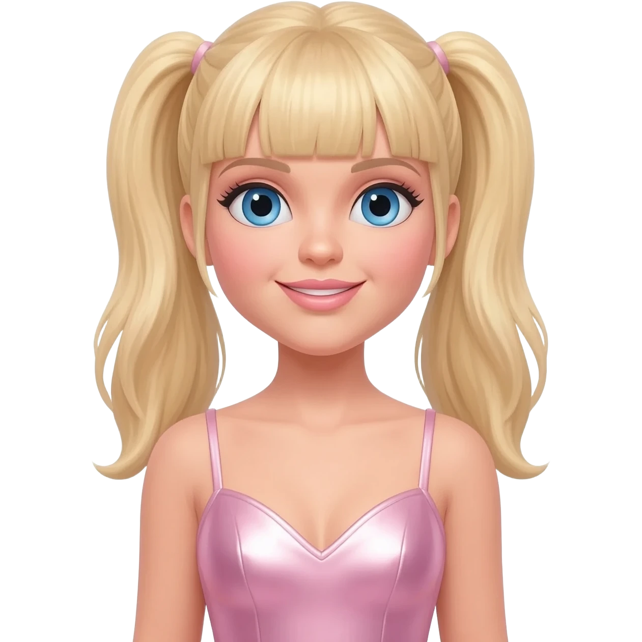 Baby Spice from Spice Girls with blue eyes, long blonde two ponytail hair with bang, light pink metallic sweetheart short dress emoji