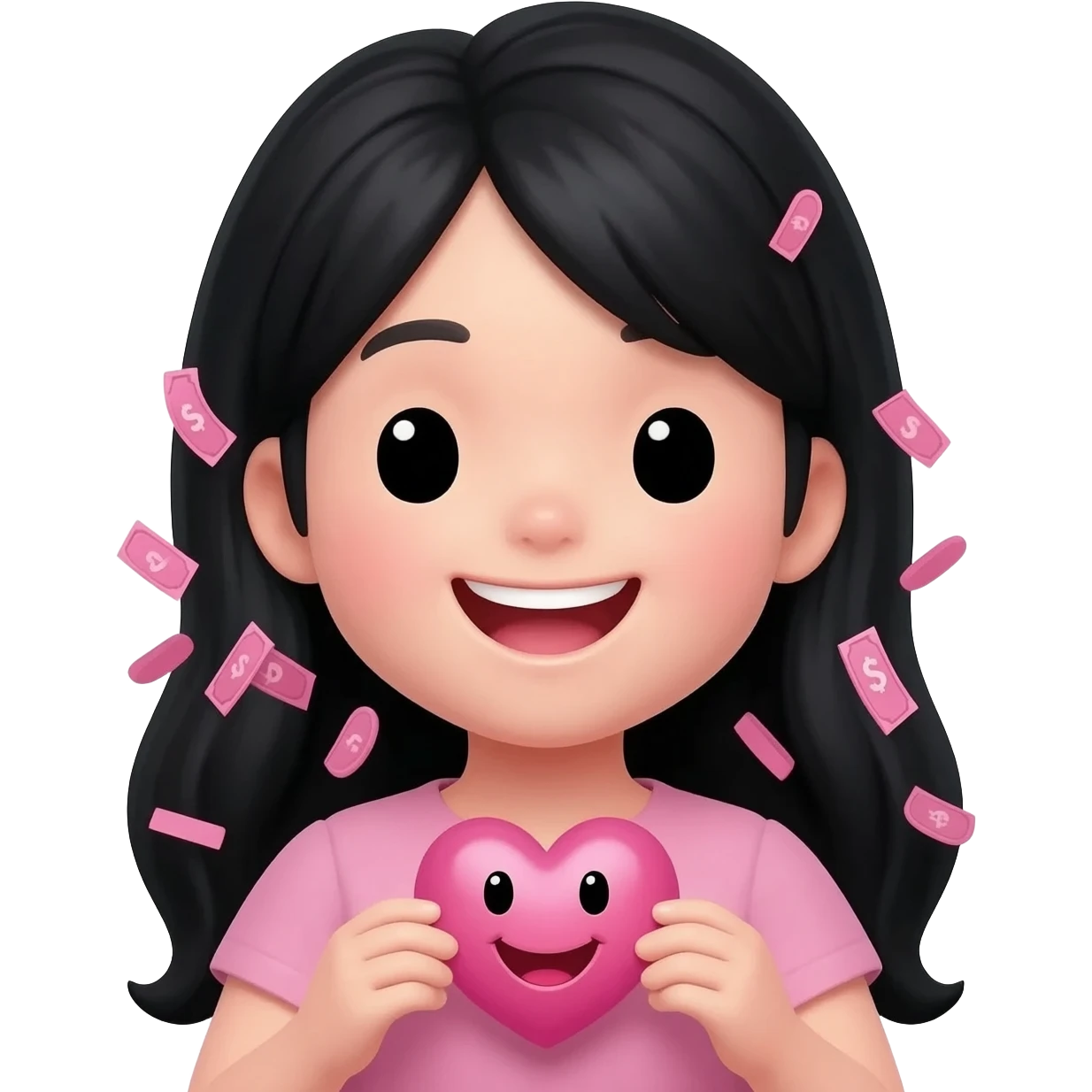 i want an emoji with a girl with pink money pieces in her hair and the rest of her hair black, i want her to be holding a pink heart with a happy face emoji