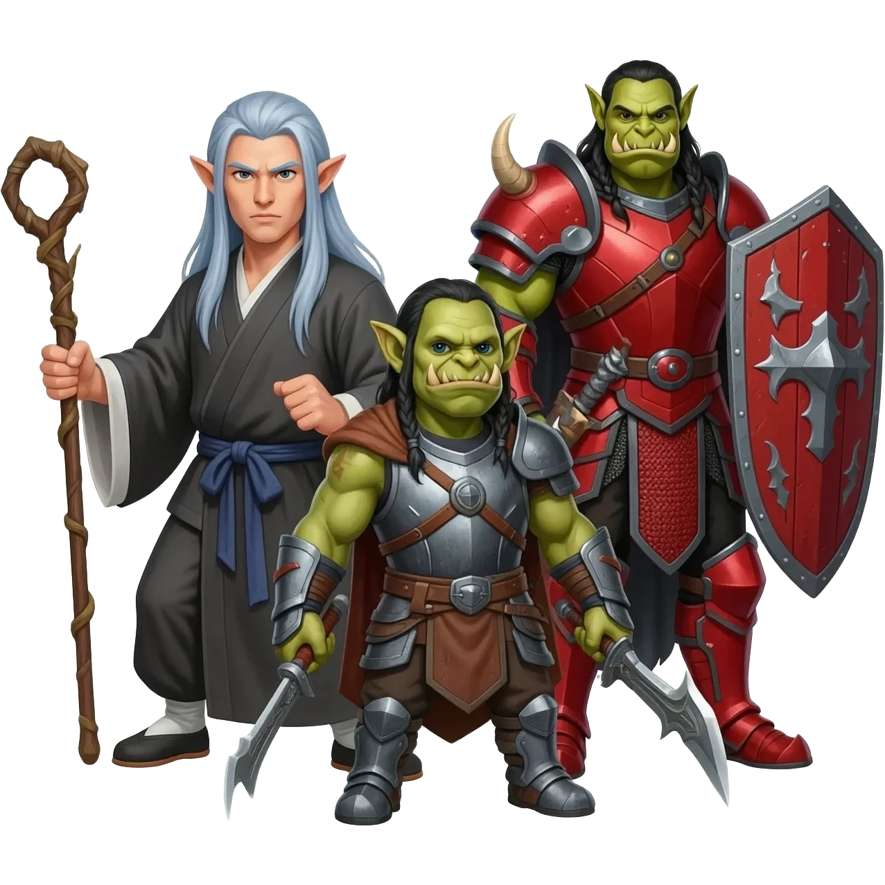 A male elf kungfu master with a staff and long silver blue hair, a male orc shaman with weapons in each hand, and a male elf paladin in red armor, as a group emoji