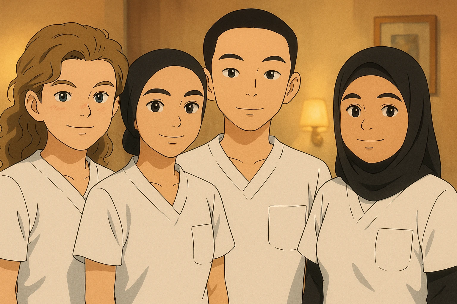 Four nursing students side by side in a warm indoor ambiance, wearing white short-sleeve uniform tops resembling medical tunics with V-neck collars and left chest pockets, no stand-up collars, no hijabs or undergarments beneath the tunics, no stethoscopes. Each student has the face from the provided portraits, styled in Ghibli style, group composition, variation 4. emoji