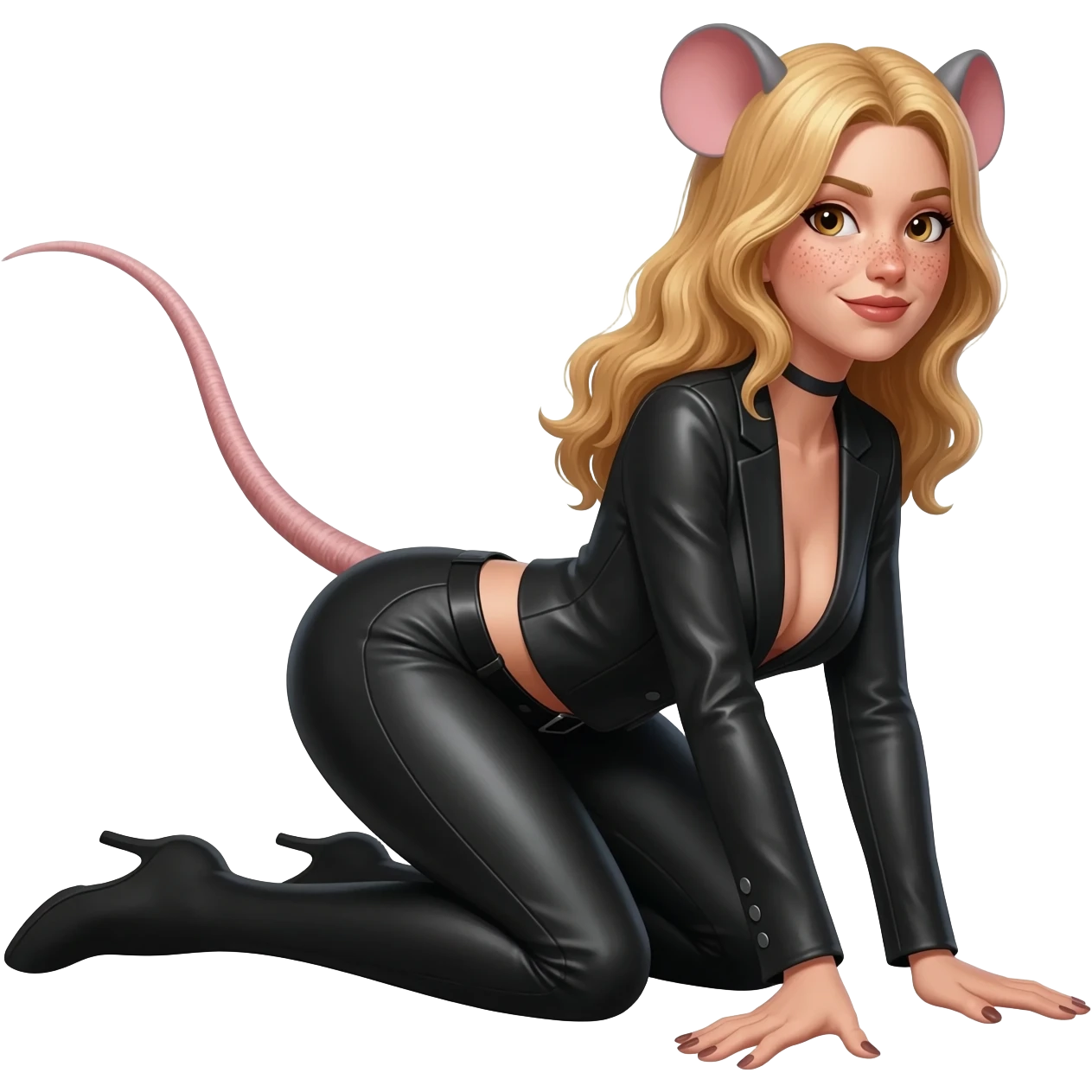 pretty woman with rat tail and rat ears have blond long hair and freckles. she is on her knees and hands. she is dressed in a leather-fitted suit emoji