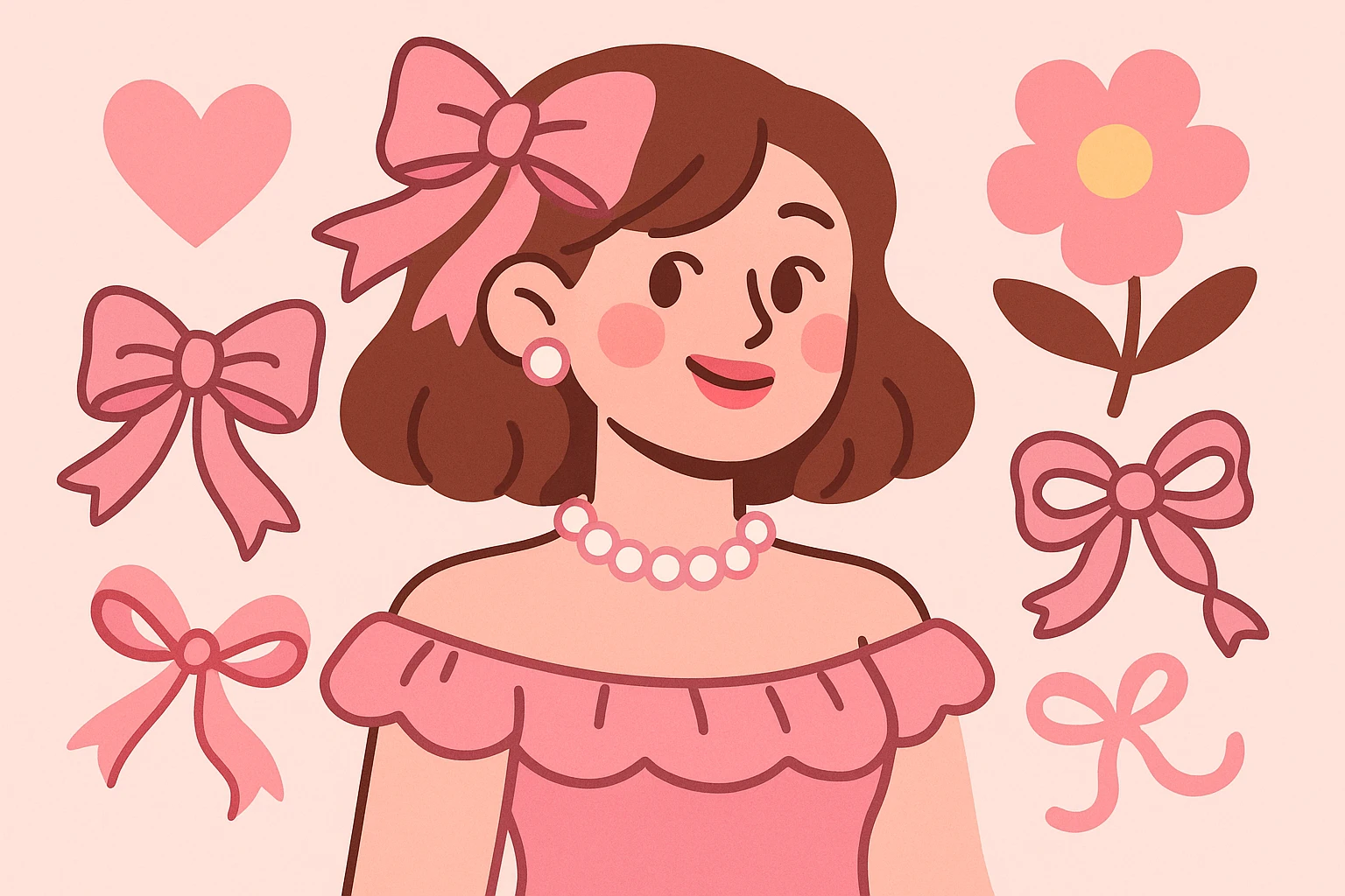 coquette style, pink and white color palette, girly, ribbons, pearls, vintage romantic vibe emoji