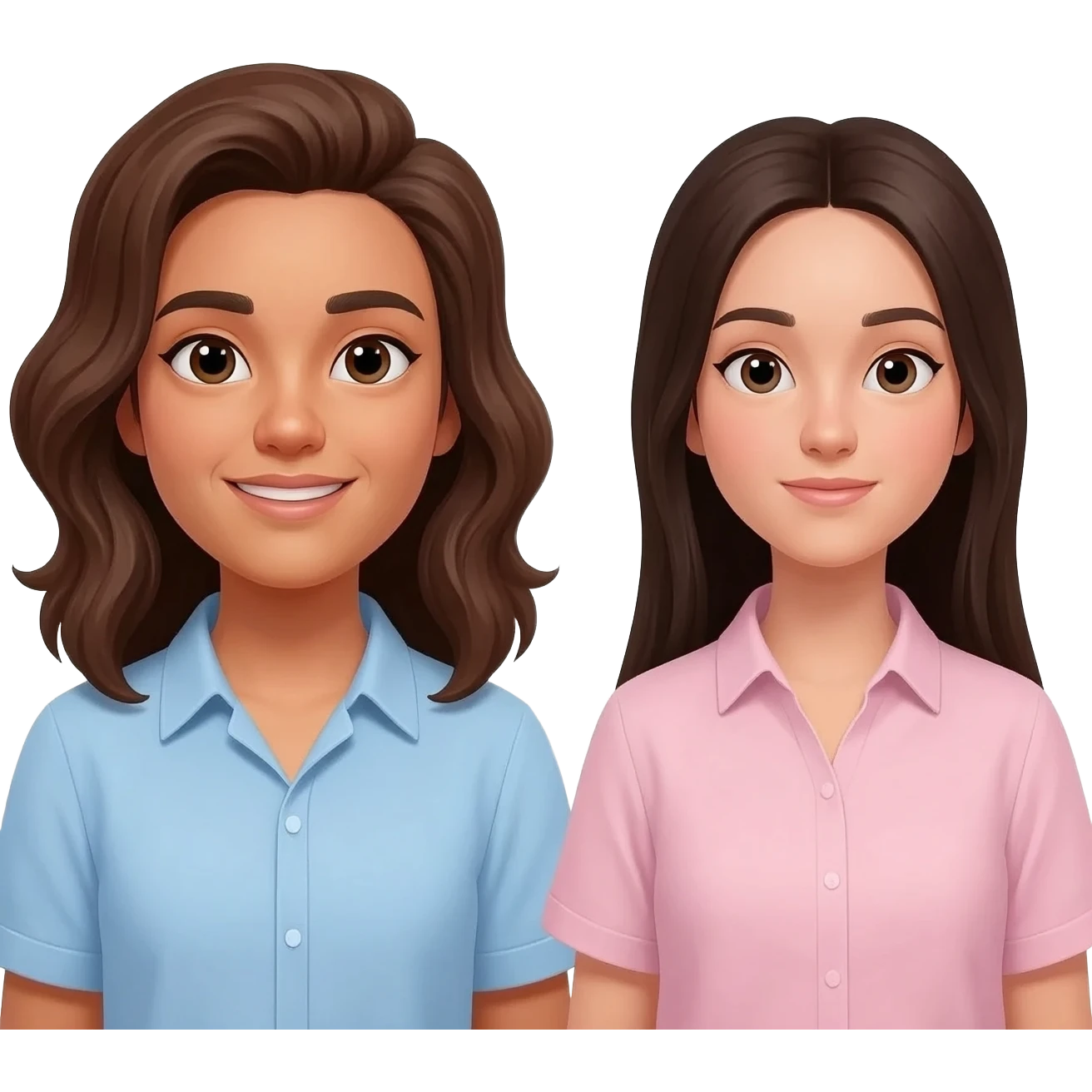 two friends one has toasted skin brunette wavy longish hair light blue shirt . other is straight dark brown hair long natural skin tone light pink shirt emoji