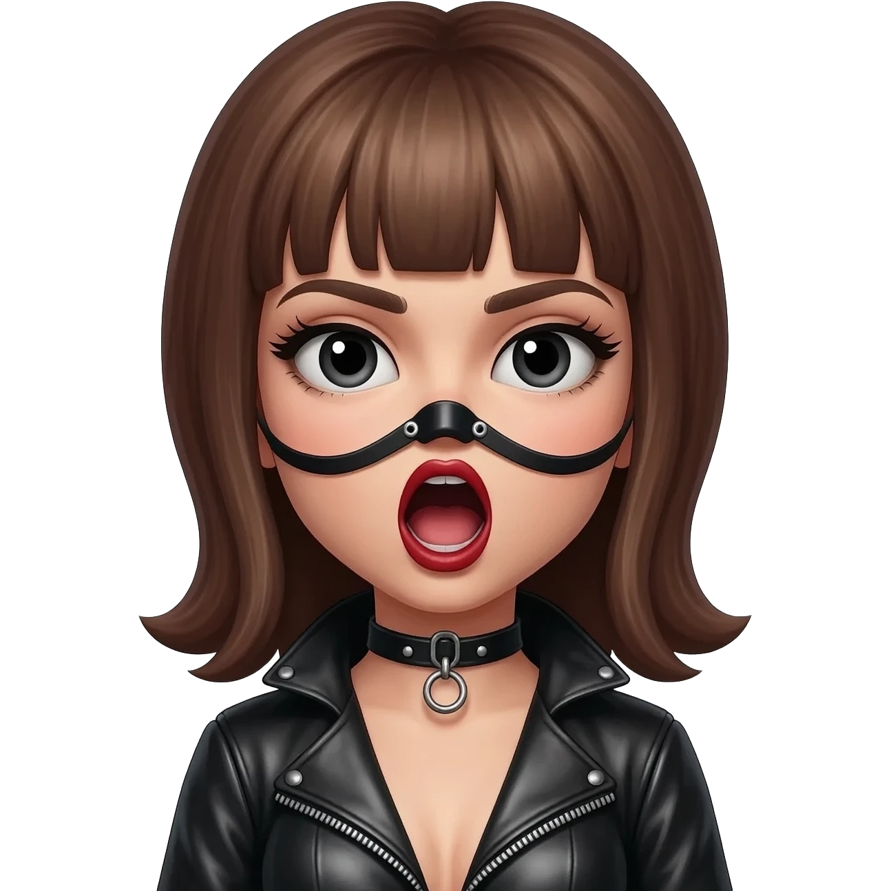 Nice girl with leather clothing and open mouth bdsm ringgag emoji