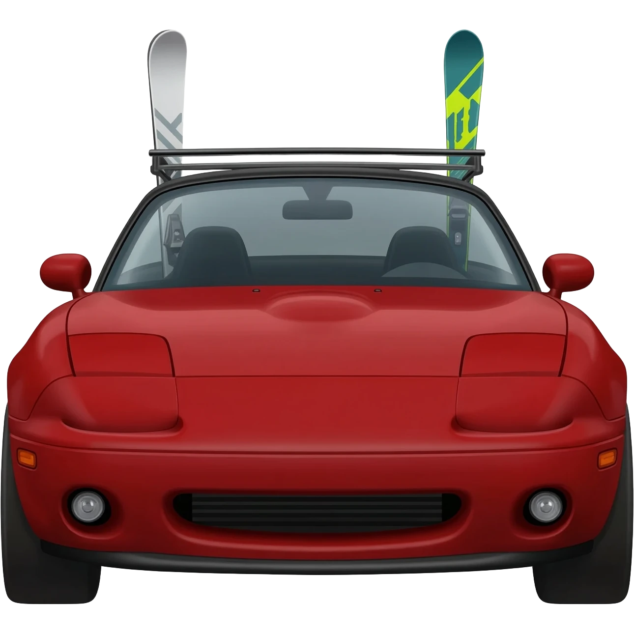 red front 1/4 perspective mazda mx5 mk2 with black hadtop and tw pairs of snow skis on the roof emoji