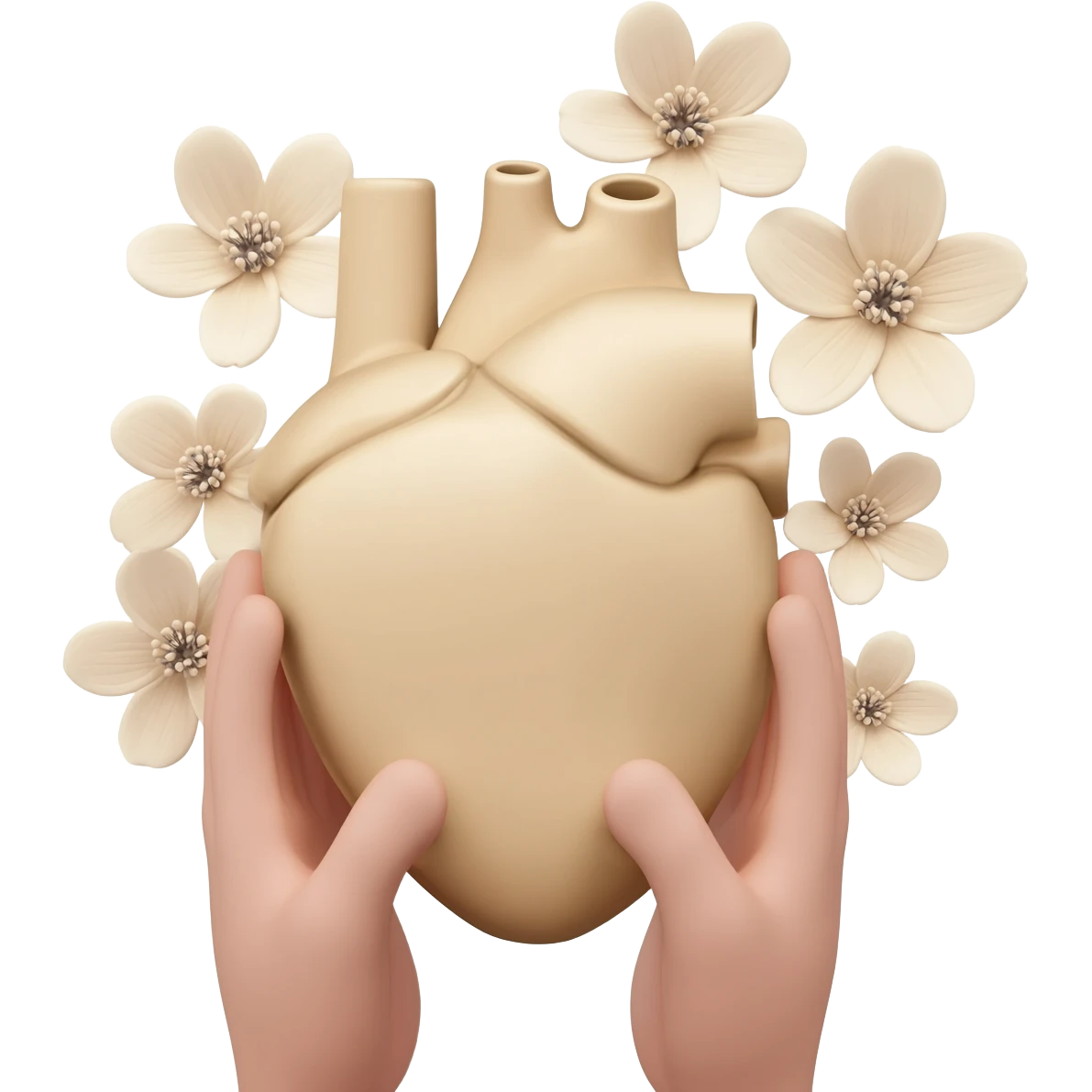 hands holding realistic light beige human heart with beige flowers emoji