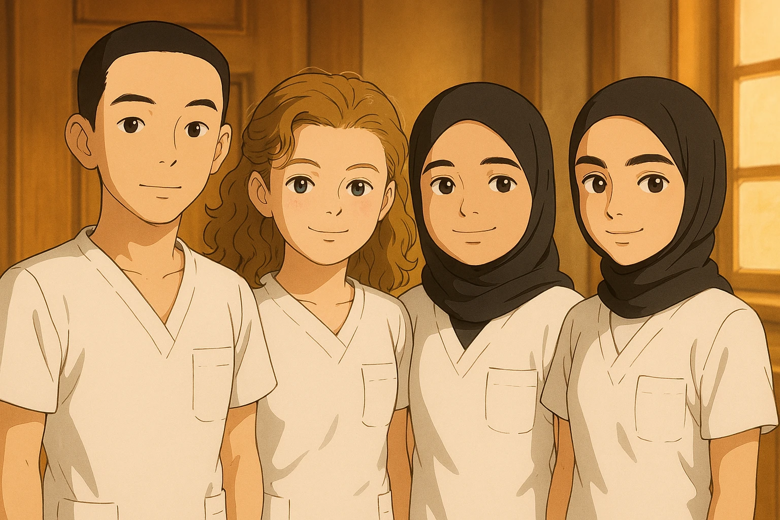 Four nursing students standing side by side in a warm indoor setting, wearing white sleeveless medical tunics with V-neck collars and left chest pockets. No collar stand, no undershirt, bare forearms, and no stethoscopes. Ghibli style, warm ambiance indoors. emoji