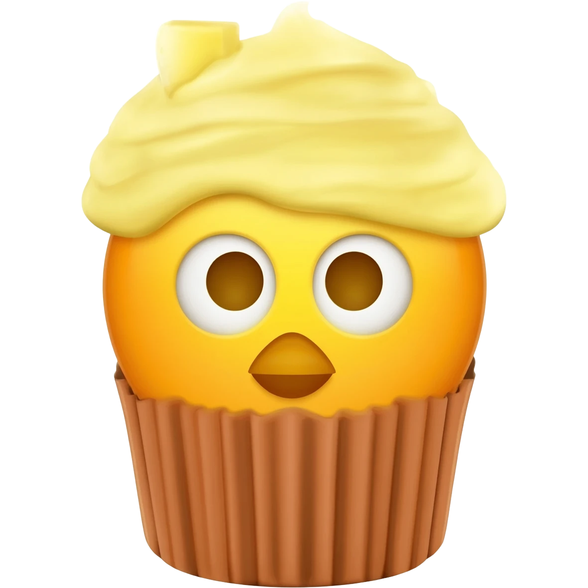 yelow chicken similar in appearance to the apple emoji, but inside a cupcake form and with buttery yellow frosting on its head emoji