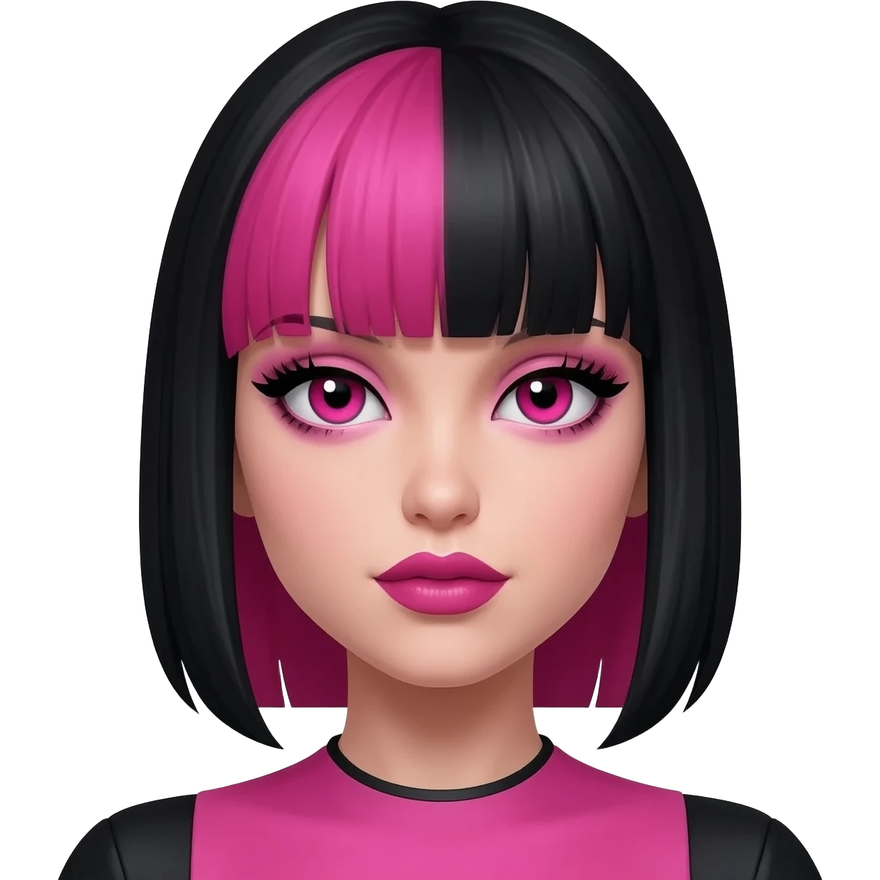 Girl with black and pink hair with pink tints on her bangs and hair tall lashes that are pink and black and have pink light tints to them and the clothes are a pink and black dress and pink and black lime lips and eyes black and pink heterochromia and British eyebrows emoji