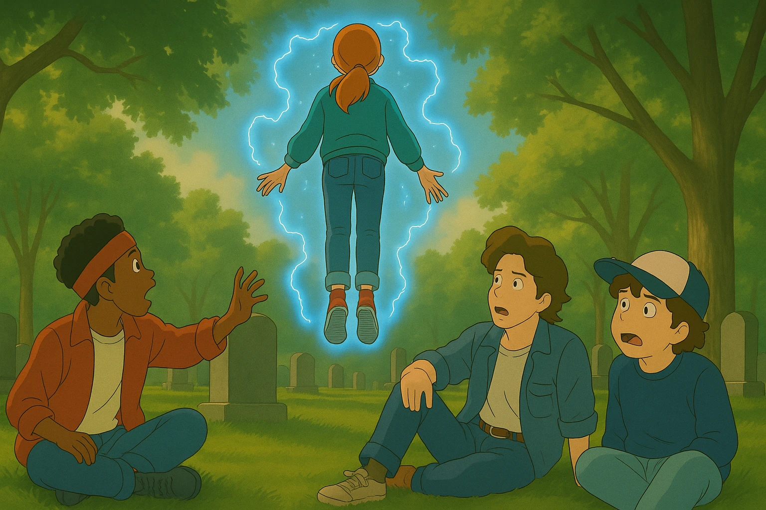 Max from Stranger Things levitating, seen from behind, in front of Lucas, Steve, and Dustin. Lucas is standing up and calling out to Max, Steve is reaching out as well, and Dustin is shocked. Render in Ghibli style with wide aspect ratio (16:9), supernatural glowing effects, dramatic mood. emoji
