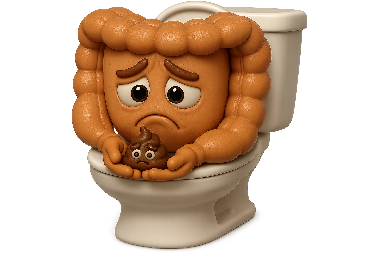 emoji stile iphone di un intestino realistico 3d che esce dal wc con in mano una montagnetta di feci con espressione triste a palline, iperrealistico 4k emoji