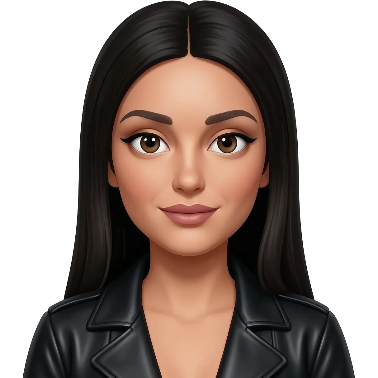 hyperrealistic foto of an italian very white woman with black long straight hair, cheekbones, long nose, almond eyes, large mouth, very thin lips, eyeliner and black leather jacket emoji