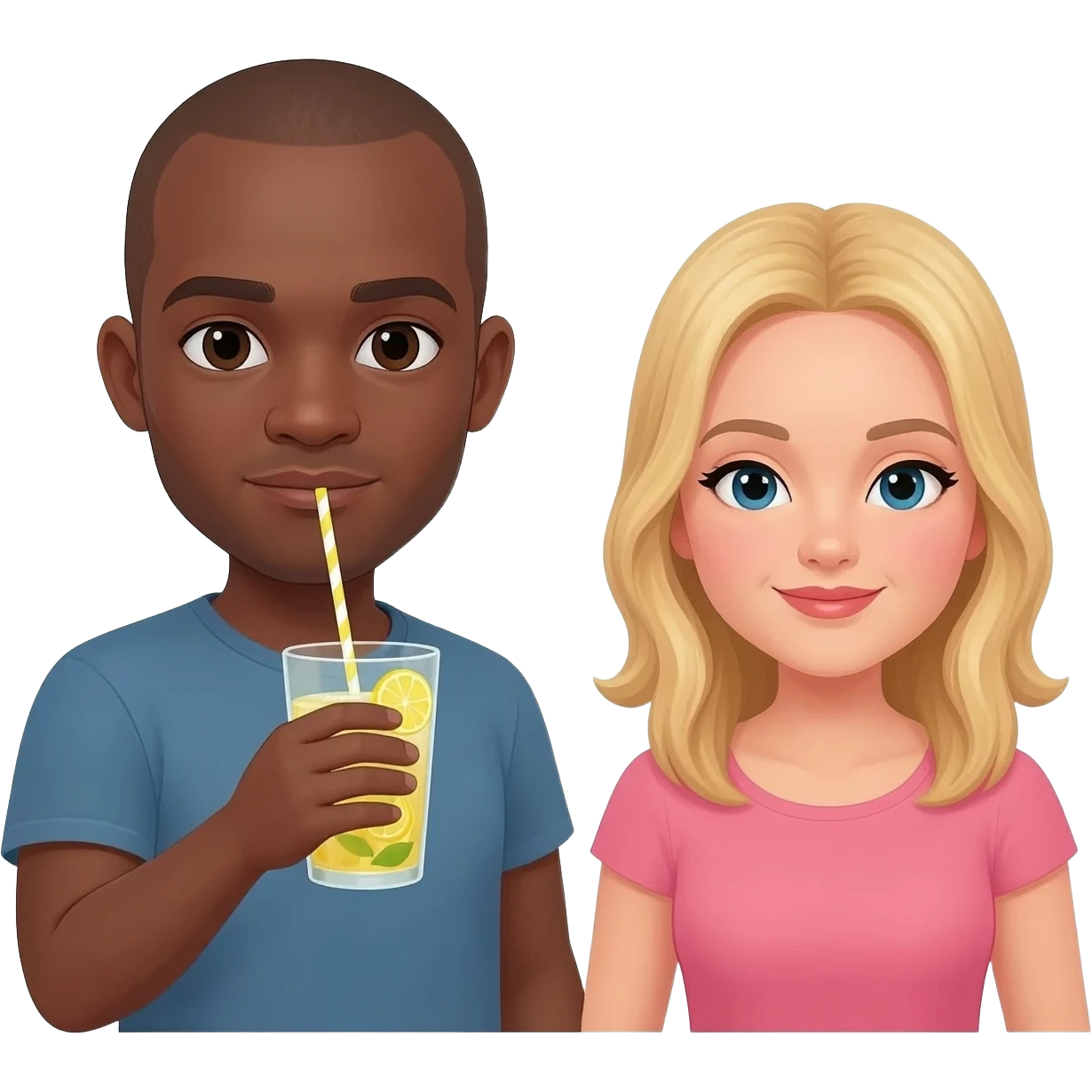 Black man with shaved head having lemonade with blonde woman emoji