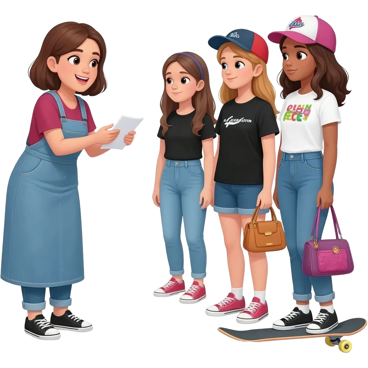 A 45-year-old woman is handing out leaflets and talking to a group of teenage girls dressed in jeans and black or white t-shirts. Some may be wearing caps, others carrying purses, and others skateboards. emoji