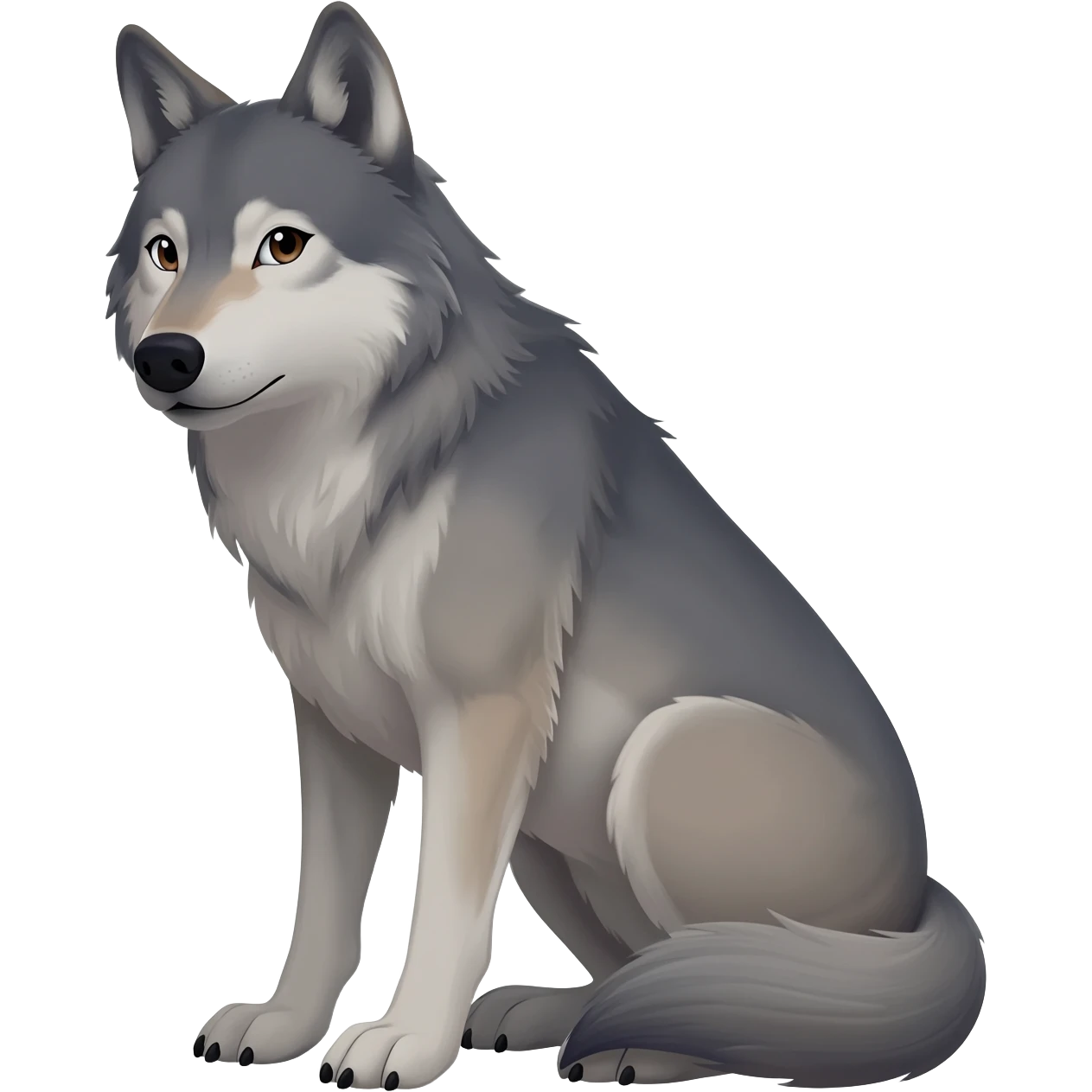 Femine wolf emoji with tail folded in front of leg which is in half sitting position emoji