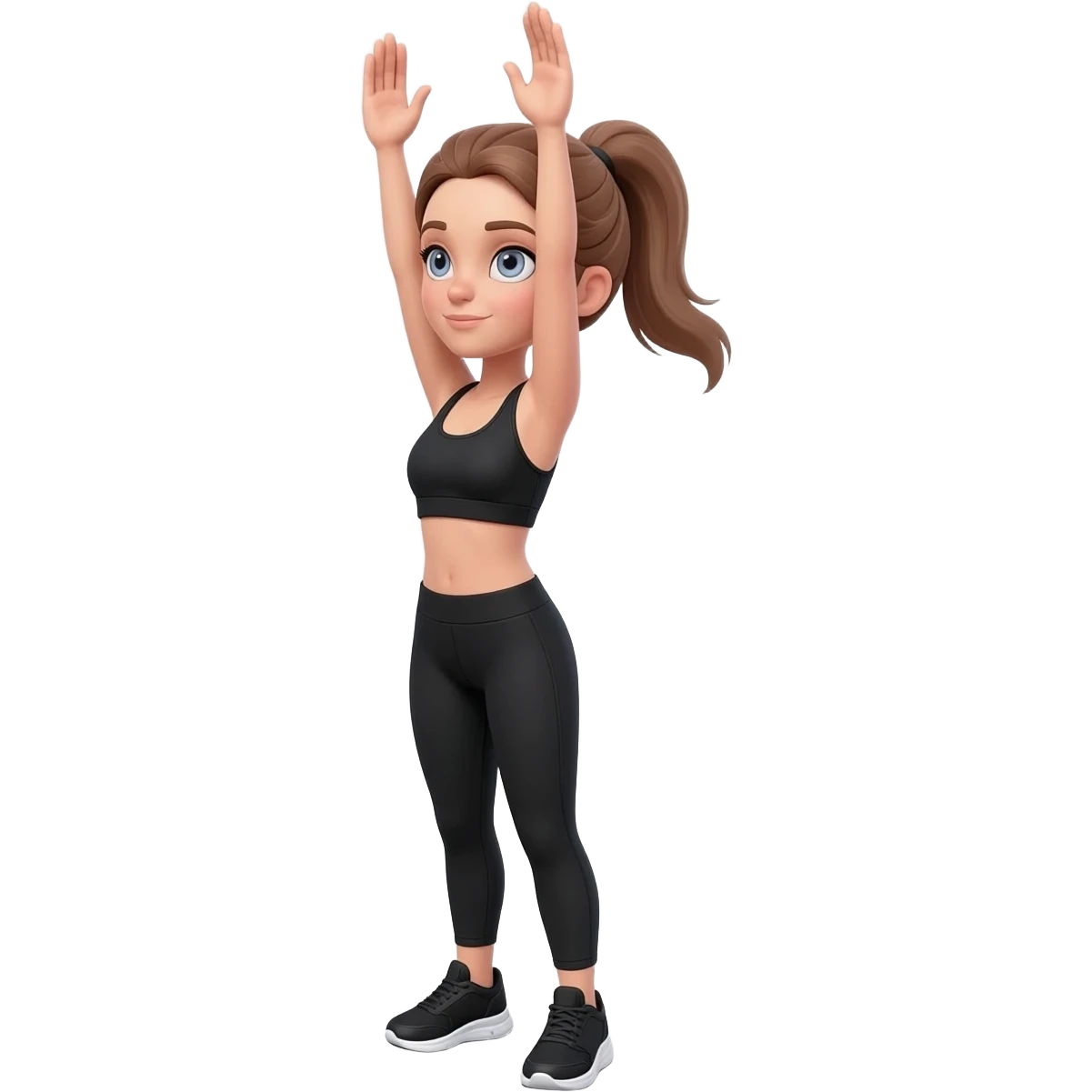 morning stretch with both arms overhead, fair-skinned woman, gray-blue eyes, ash brown brows, ash light brown hair tied back, slim athletic body, black workout set, black sneakers with white soles emoji