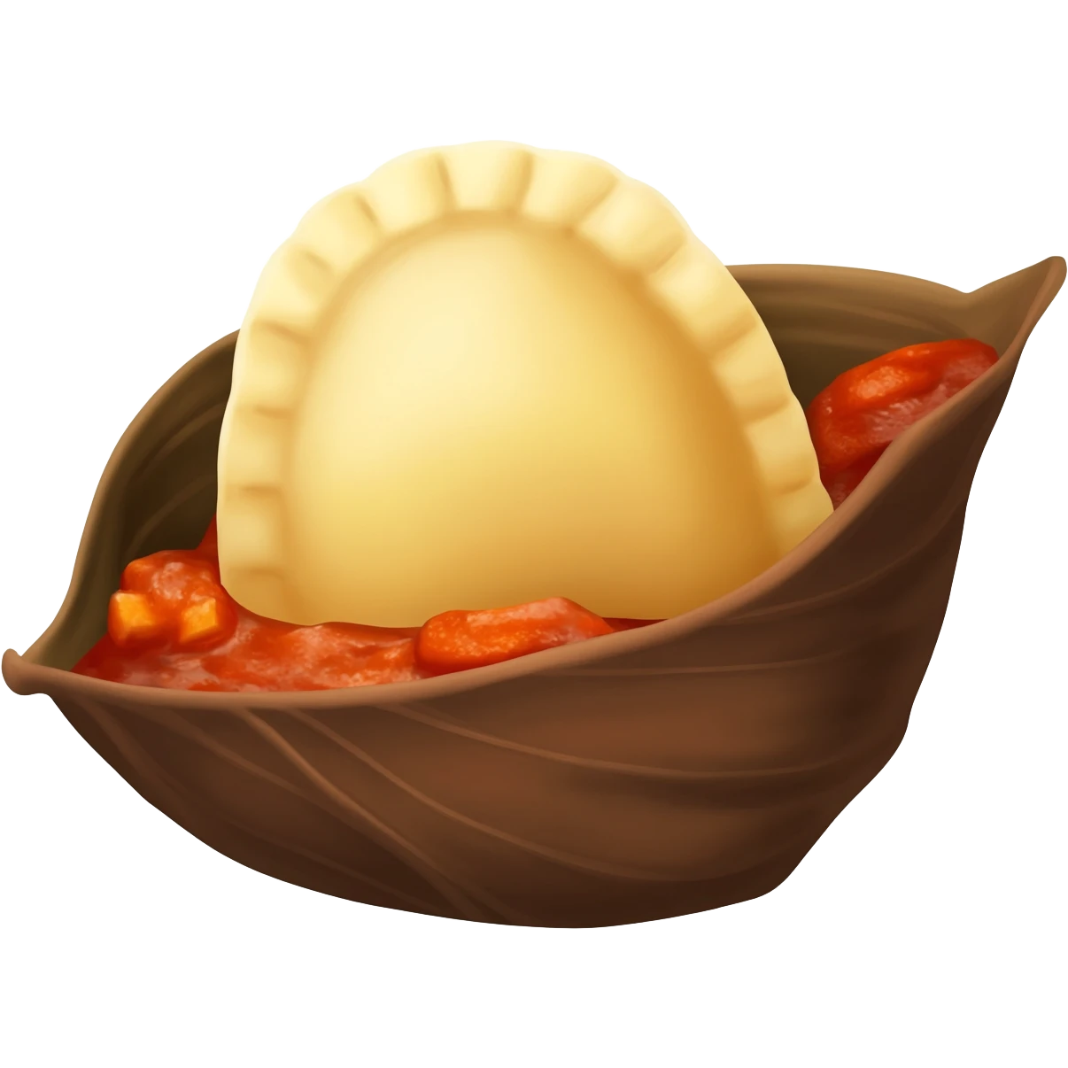 A small, oval fermented cornmeal dumpling wrapped in/brown leaves – West African staple, round shape often served with thick red stew or fish. emoji
