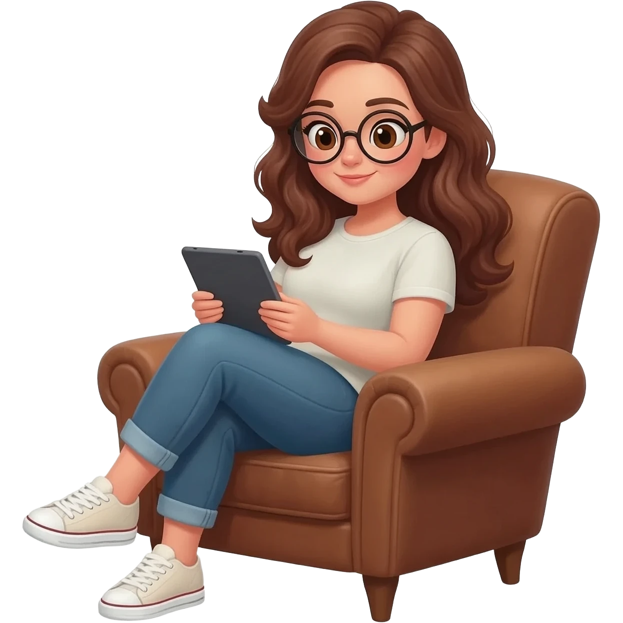 detailed emoji illustration of a curvy woman with long chestnut brown wavy hair, light brown eyes and round glasses sitting in a brown vintage armchair while reading on an e-reader tablet, cozy reading atmosphere, cute emoji style emoji