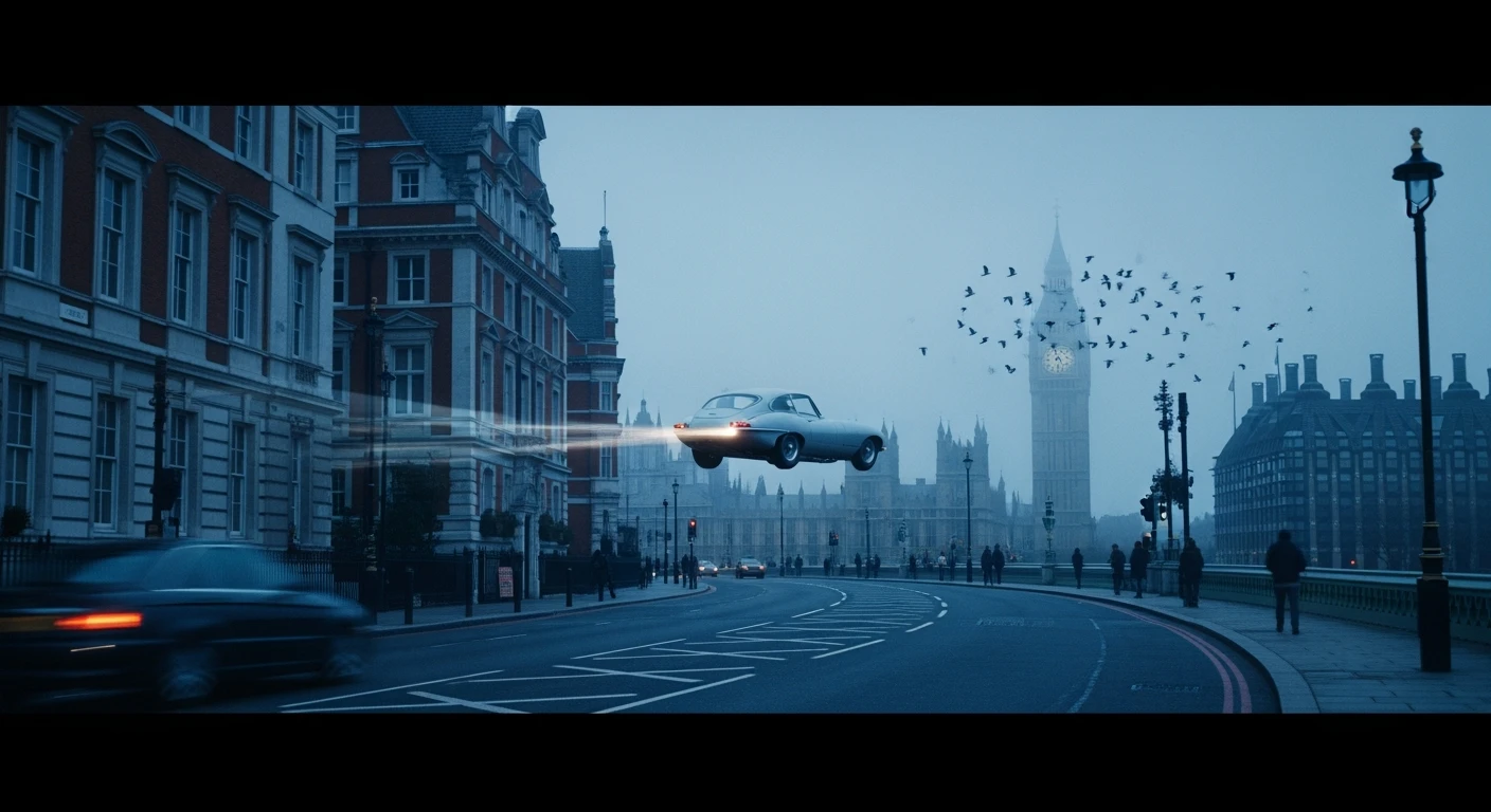 Cinematic shot of a london street, cloudy foggy day, soft light, car flying, leading lines to big ben in distance, multi composition, in foreground blurred car, on second street around UK bulding, od another plan in distance big ben, birds flying, artistic look, captured on arri alexa 35, blue hour emoji