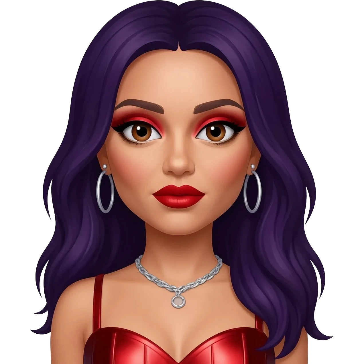 Jade Thirlwall from Little Mix with brown eyes, long dark purple hair, red eyeshadow and lipstick, red metallic sweetheart dress, silver necklace with earrings emoji