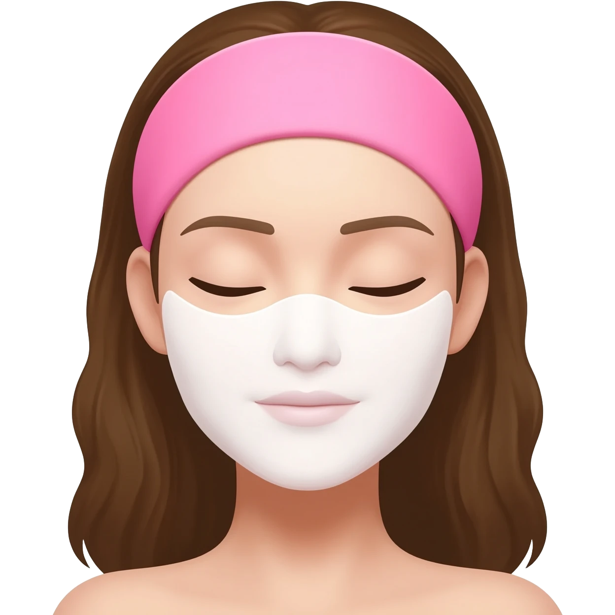 A woman with brown hair, eyes closed, calm and neutral expression, not smiling, wearing a pink headband, wearing a white sheet mask, simple emoji style, flat 2D render, pastel colors, white background emoji