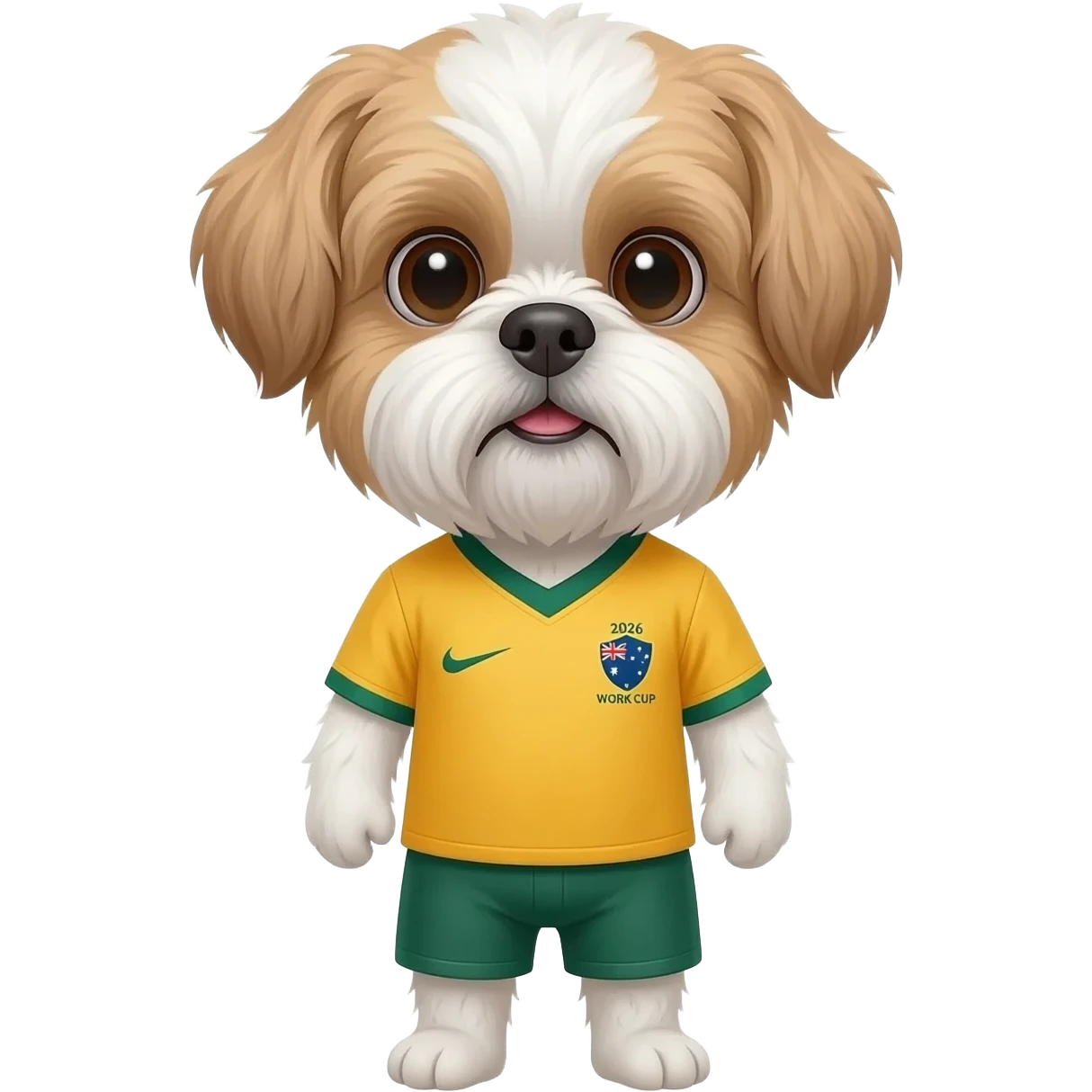 white and light brown shih zhu wearing a Australia soccer jersey v neck 2026 work cup emoji