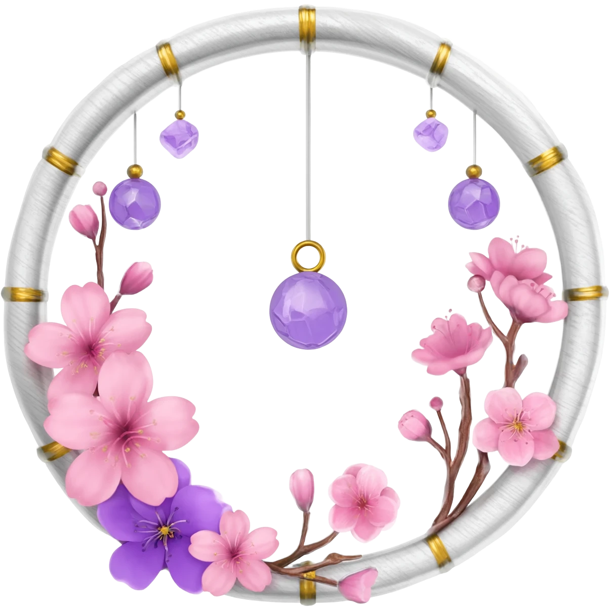 A white-wooden-circle-framed Dreamcatcher, with purple-round-orb-stones, gold-ring-accents, purple tint flowers, pink sakura flowers, emoji