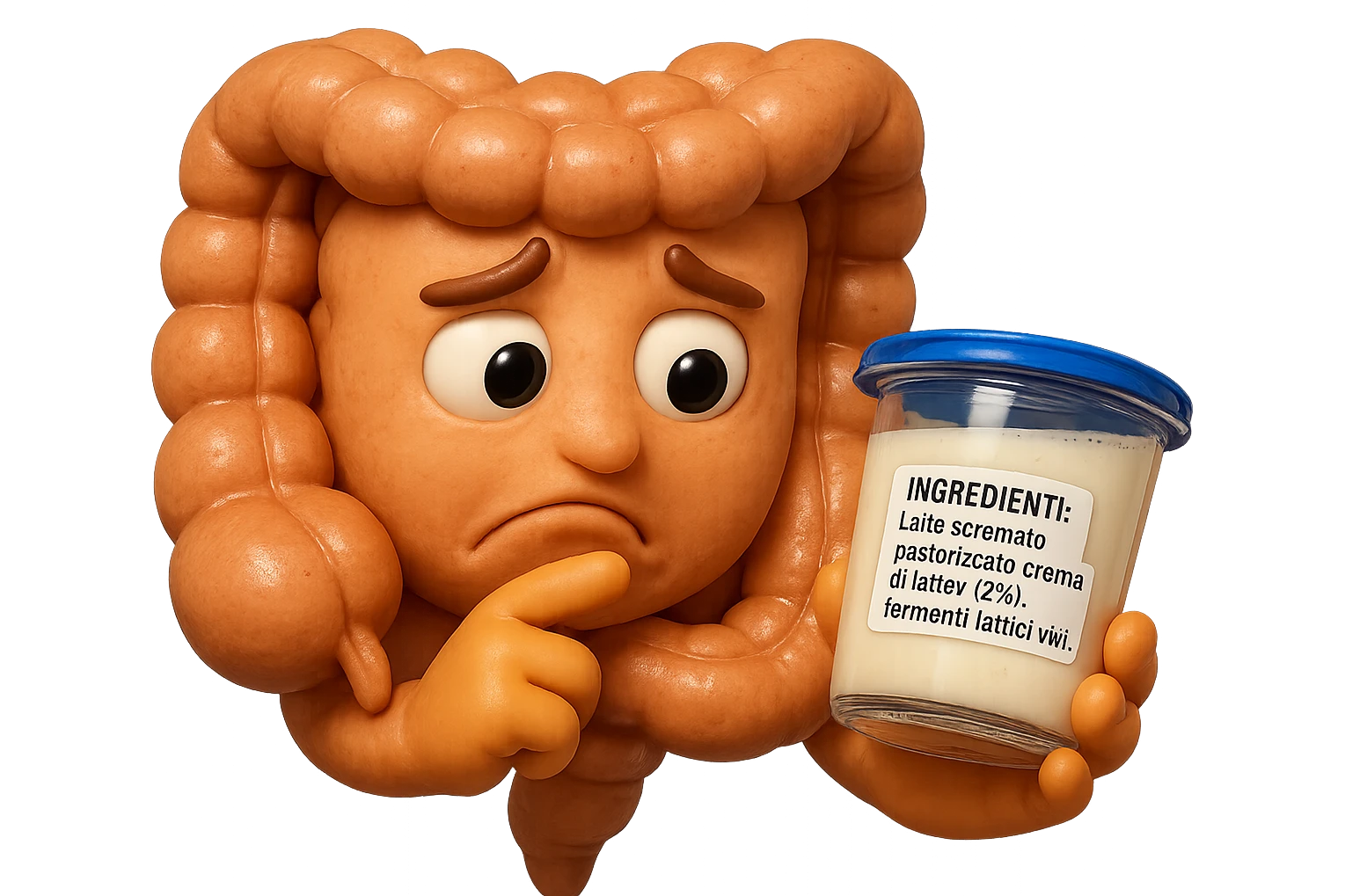 SU QUESTO STILE FAI UN EMOJI STILE IPHONE 3D DI UN INTESTINO CHE HA IN MANO UN BARATTOLO DI YOGURT CONFEZIONATO DA SUPERMERCATO E LEGGE L'ETICHETTA NUTRIZIONALE CON GLI INGREDIENTI IN ITALIANO, ACCANTO ALLO YOGURT CHE HA IN MANO C'è UN FOCUS SULL'ETICHETTA CON GLI INGREDIENTI SCRITTI, FAGLI UN ESPRESSIONE CONFUSA MENTRE LEGGE E FALLO MOLTO REALISTICO IN 3D emoji
