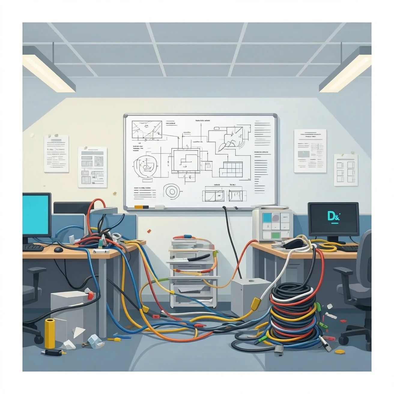 Disorganised IT office, called D&T emoji