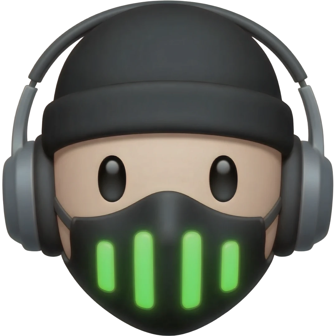 The head is a smooth rounded shape with small circular eyes and a dome-shaped beanie sitting low on the forehead with headphones on the sides. A black mask that is wide at the top and narrower at the bottom covers the lower face and has four glowing green vertical vents on the front. emoji