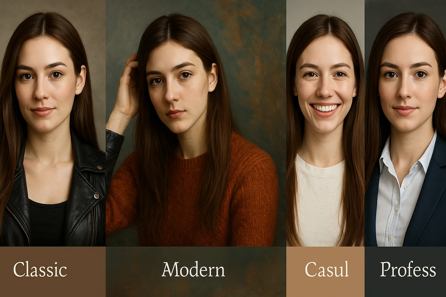 portrait of a young woman with long straight brown hair, different styles emoji