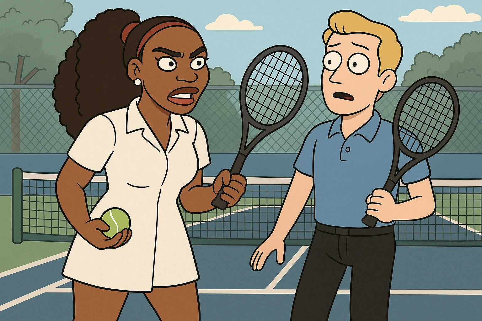 Serena Williams white shirt dress tennis racket one ball tennis a man dark yellow hair blue shirt black trousers tennis racket tennis court background  emoji