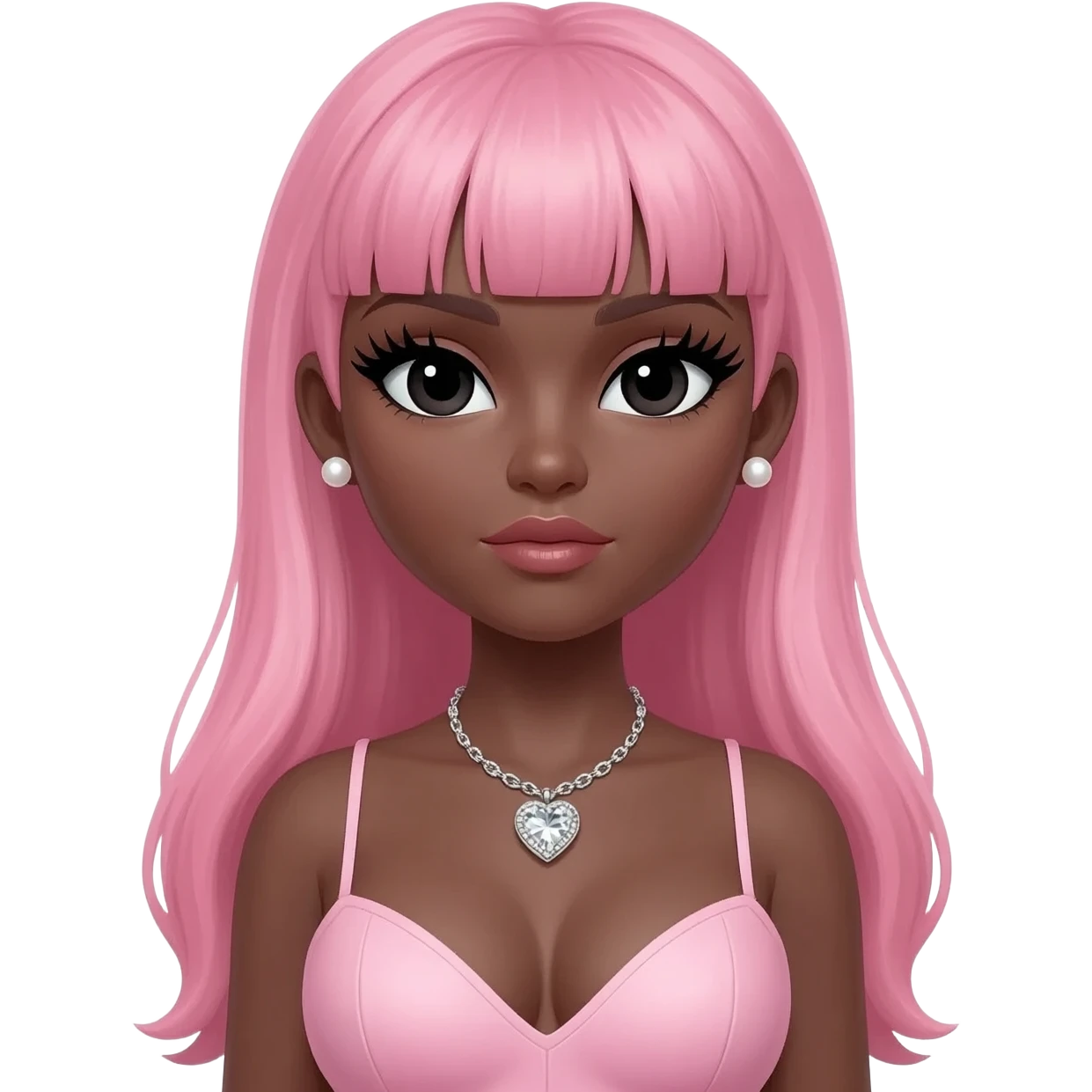 pearl earrings stud, Long giant lashes, Doll faced shaped,swarovski heart with Rhodium plated necklace, bimbo, black doll eyes, barbie, dark brown skin, with long pink hair, light pink, big breast emoji