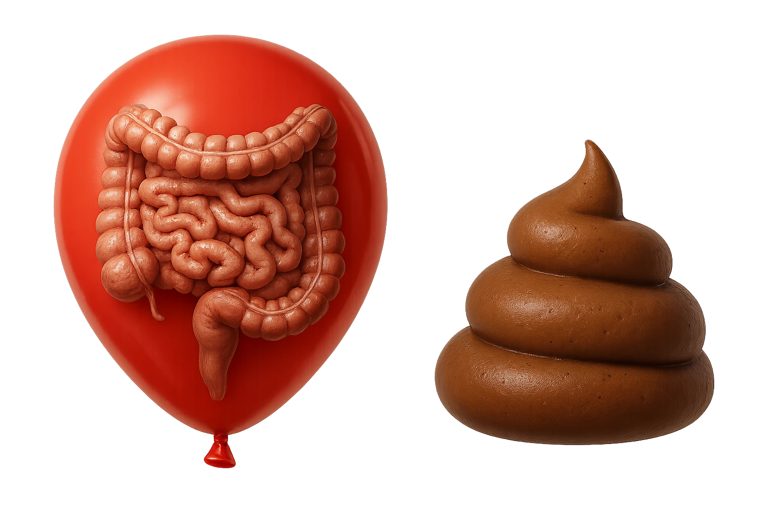 intestino umano anatomico chiuso in un palloncino rosso che simboleggia gonfiore, accanto un simbolo di cacca che simboleggia "diarrea", iperrealistico 4k emoji