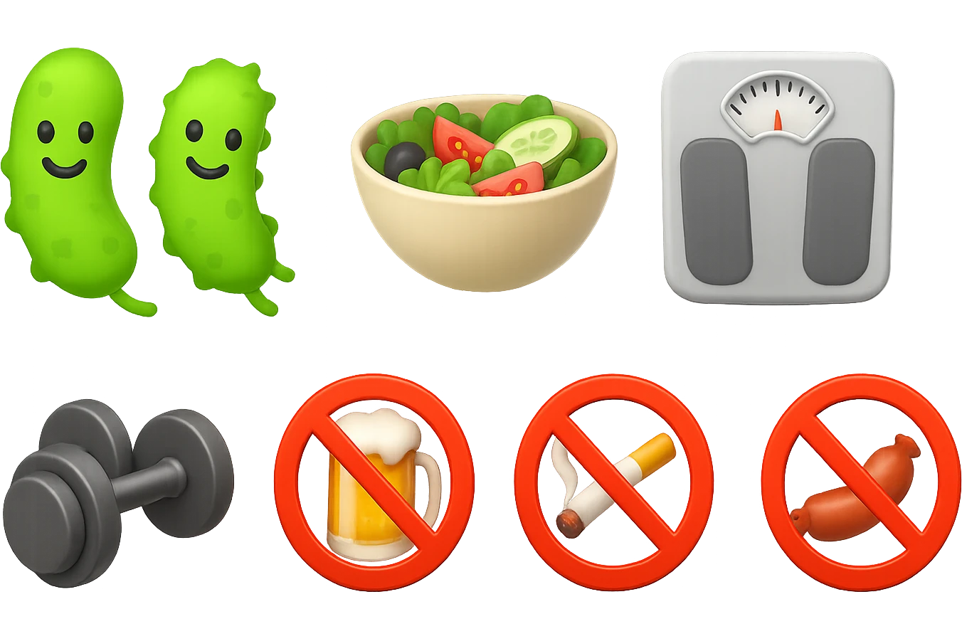 emoji stile iphone di: due batteri intestinali felici, una bowl di insalata, una bilancia pesapersone, manubri da palestra, e un boccale di birra con divieto 3d sopra, una sigaretta con divieto 3d sopra e un wurstel con divieto 3d sopra, fluttuano in aria, iperrealistico 4k emoji