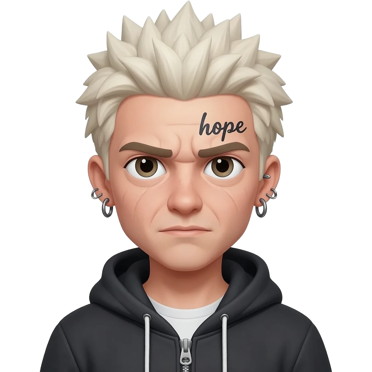 Create for me a boy wearing a zip-up hoodie showing his shirt underneath, with long, spiky platinum blonde hair, piercings, a slightly wrinkled face, and the word "hope" tattooed on his eyebrow. emoji