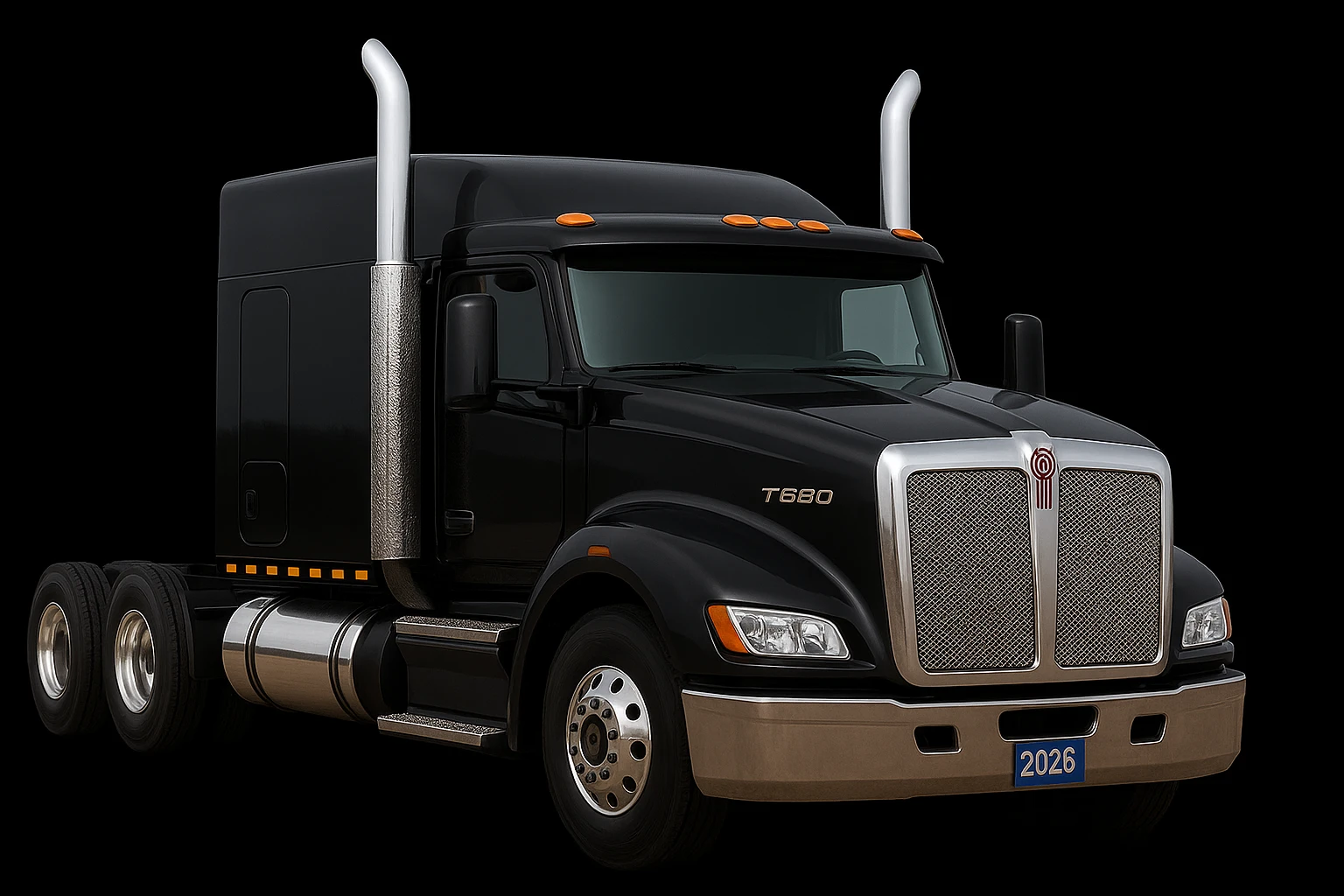 Make this 2026 Kenworth T680 Flat Top semi sleeper look as realistic as possible, with lifelike lighting, reflections, and surface details, flat top sleeper cab prominent, no background. Emphasize true-to-life chrome reflections, accurate lighting, and detailed surface textures to highlight the flat top sleeper cab. No background. emoji