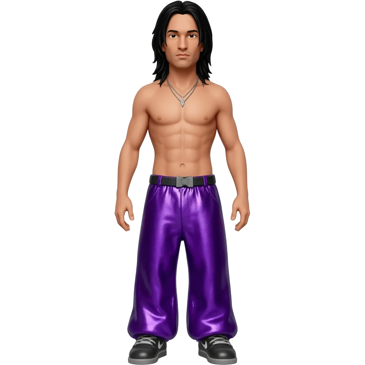 Jonathan Davis with long black hair, purple metallic baggy pants, shirtless with necklace emoji