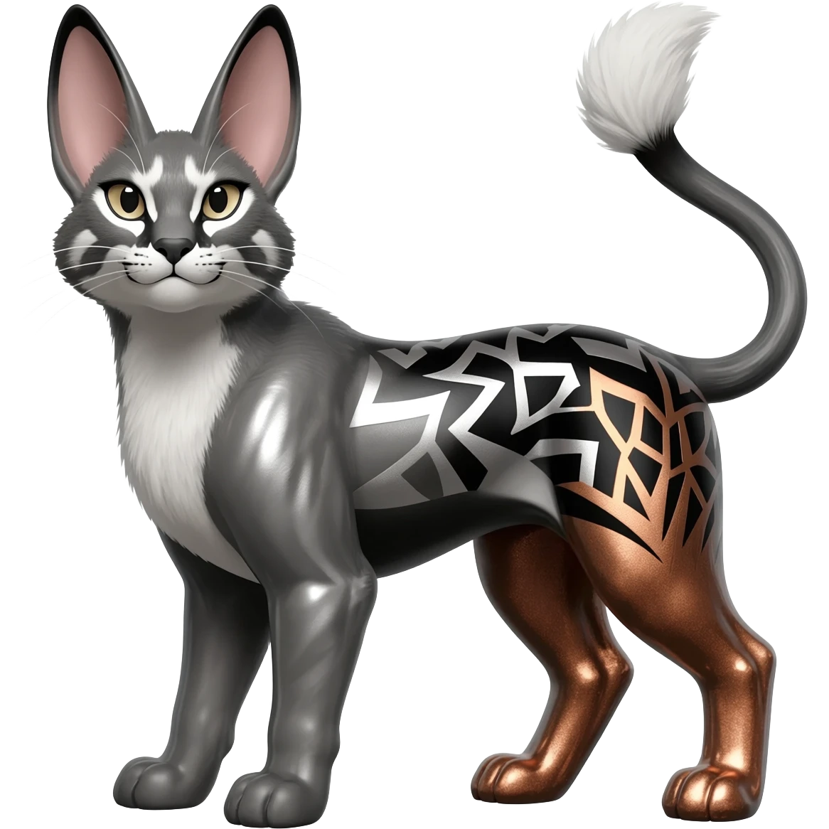 Realistic patterned marked edgy greyish blackish whitish silvery coppery Shiny Colorful Glossy Genet-Caracal-Lion-Bunny-Bobcat-fusion-animal-hybrid-creature, full body, big-tufted-bat-ears, long-thin-tufted-white-tipped-tail emoji