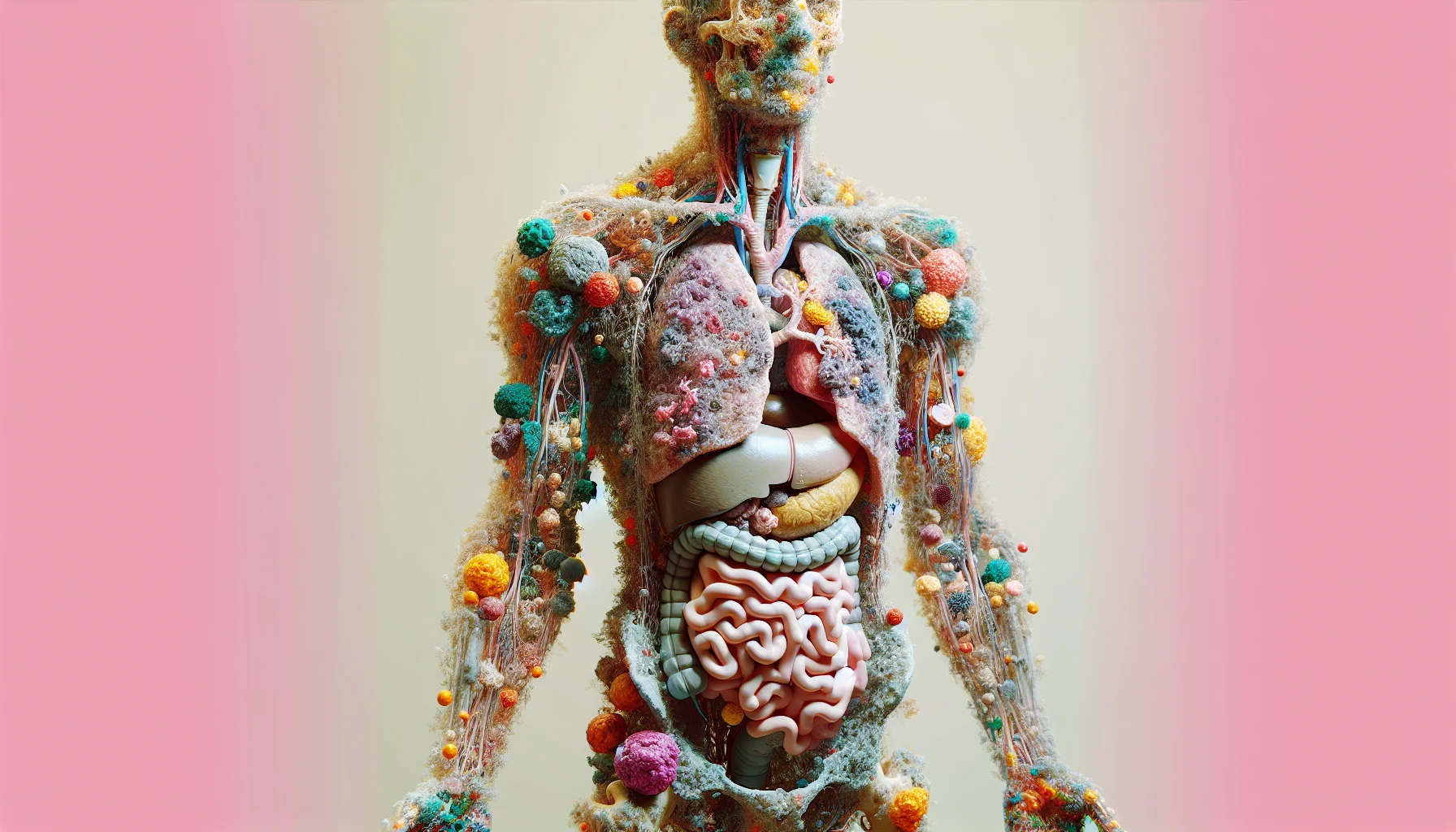 corpo umano anatomico che accumula tossine e virus e malattie nel corpo , sfondo neutro chiaro, iperrealistico 4k emoji