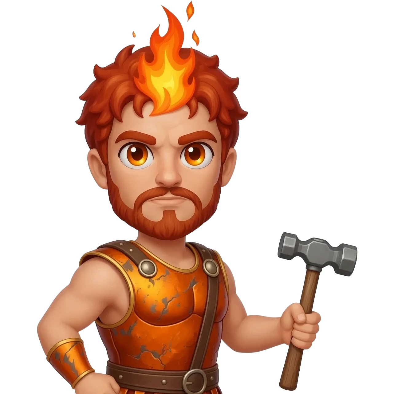 Vulcan from Roman Mythology with amber eyes, red hair, burnt orange metallic tunic emoji