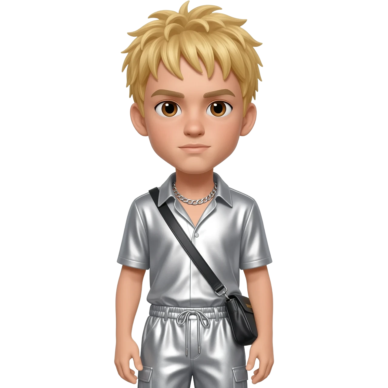 Aaron Carter with brown eyes, blonde hair, silver metallic shirt, silver metallic baggy pants, silver necklace emoji